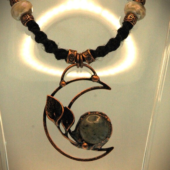 Dynamic Copper-Toned Moonstone & Leafs Crescent Moon on a Handmade Black Chain - Picture 4 of 7